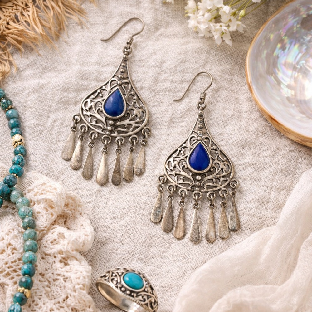Vintage Sterling Silver Lapis Filigree Chandelier Earrings Boho Statement Fringe